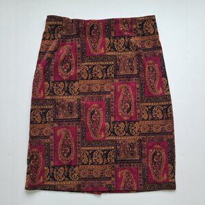 Vintage 90s Paisley Pencil Skirt 10P Petite Office Straight Knee Length Academia